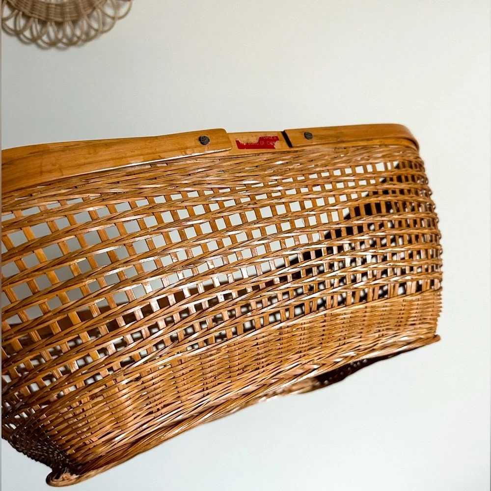 Large Bamboo Rattan Shopping Basket Vintage Bohemian Cottage Core Farmhouse
